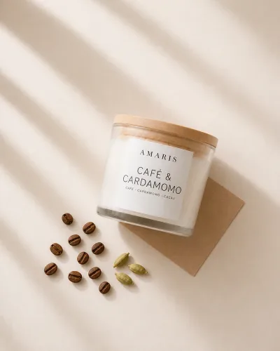 Vela Café & Cardamomo da Amaris em pote de vidro com tampa de madeira
