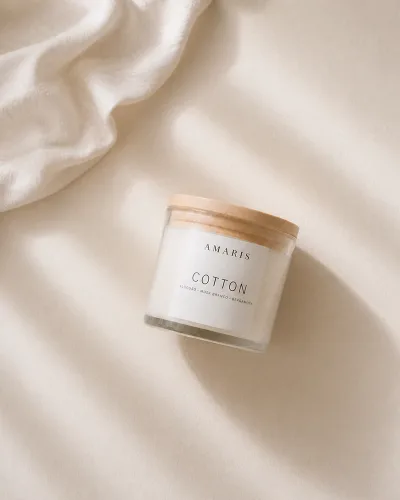 Vela Cotton da Amaris em pote de vidro com tampa de madeira