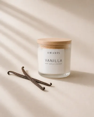 Vela Vanilla da Amaris em pote de vidro com tampa de madeira