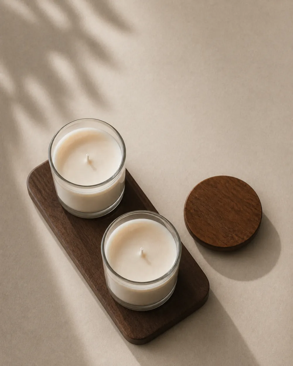 Duas velas Amaris sobre tábua de madeira escura